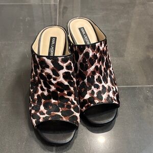 Karl Lagerfeld Black and Brown Leopard Mules
